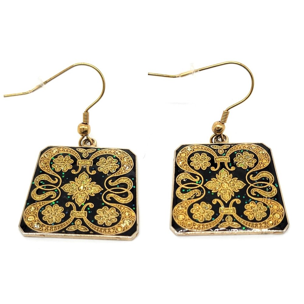 Gold Tone Dangle Earrings Ornate Floral Design Green Glitter Accents Vintage